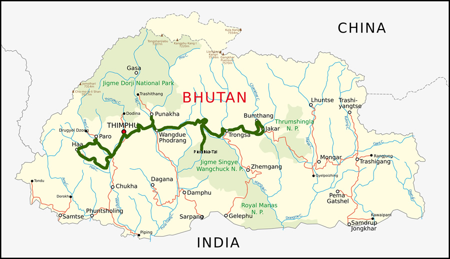 Karte Bhutans, Route der Wander- und Kulturreise mit www.reisenbhutan.ch