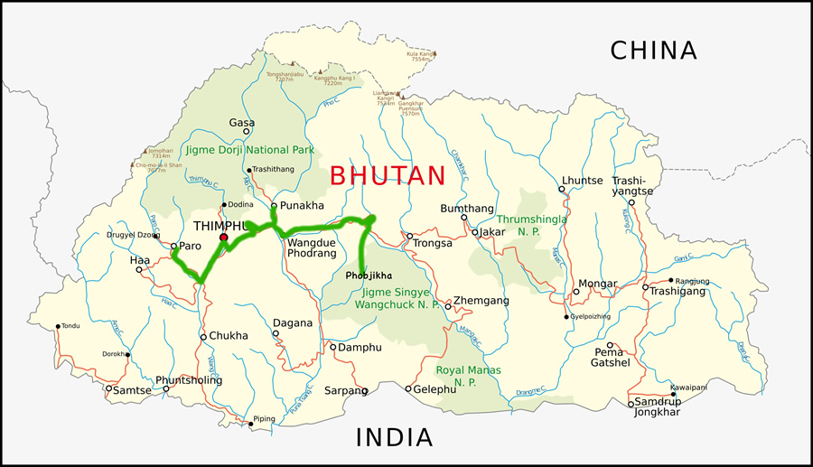 Karte Bhutans, Route der Wander- und Kulturreise mit www.reisenbhutan.ch