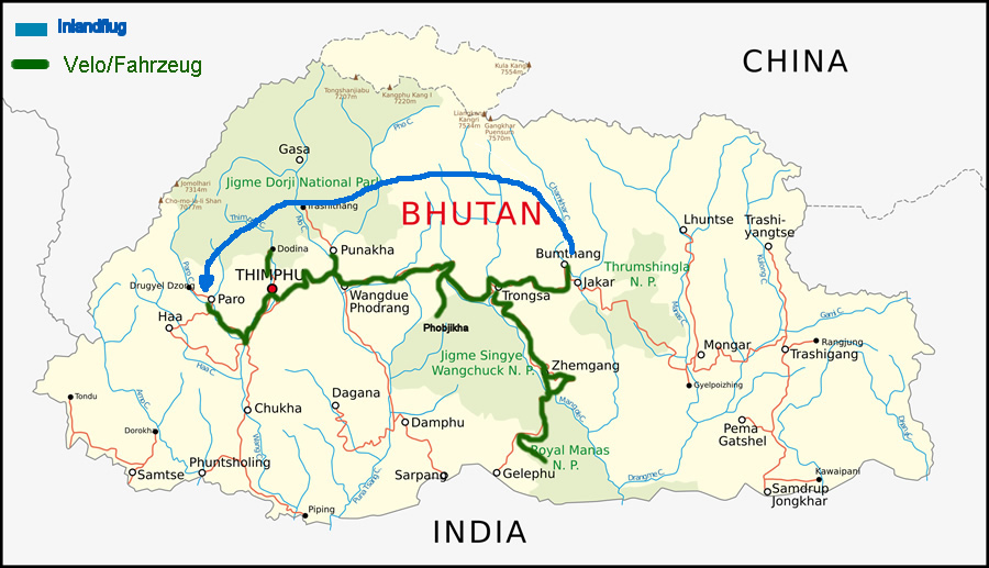 Karte Bhutans mit Bhutanveloreise