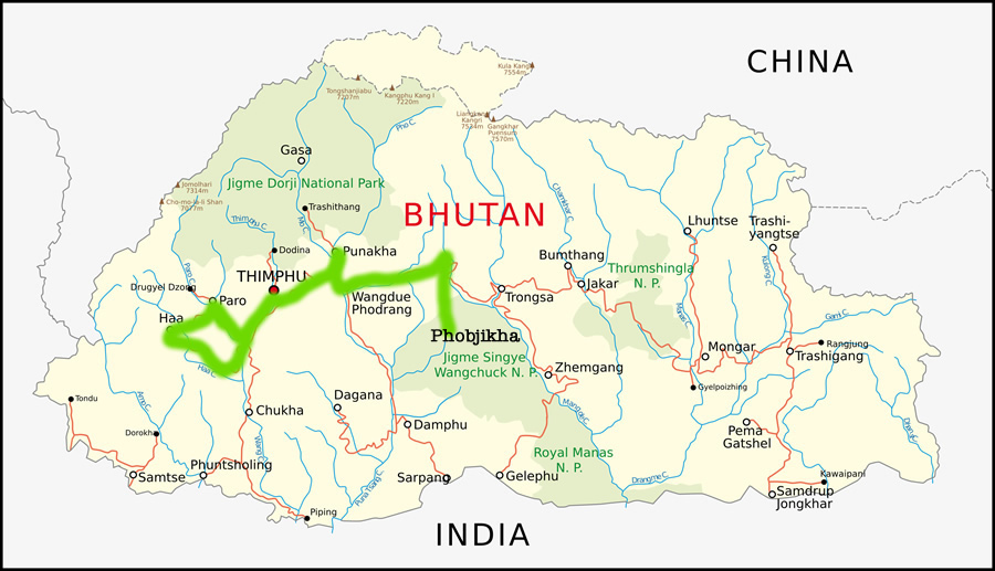 Karte Bhutans, Route Kulturreise mit www.reisenbhutan.ch